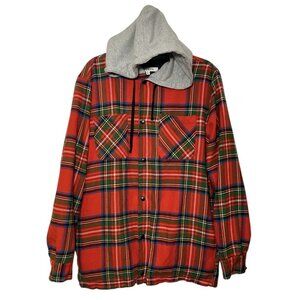 Pacsun Tartan Hoodie Flannel Red Plaid Mens MED Long Sleeve Button Shirt Jacket